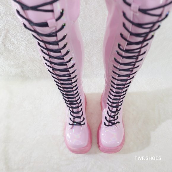 Demonia Factory Color Defect Pink Hologram OTK Platform Thigh Boots - Picture 10 of 14
